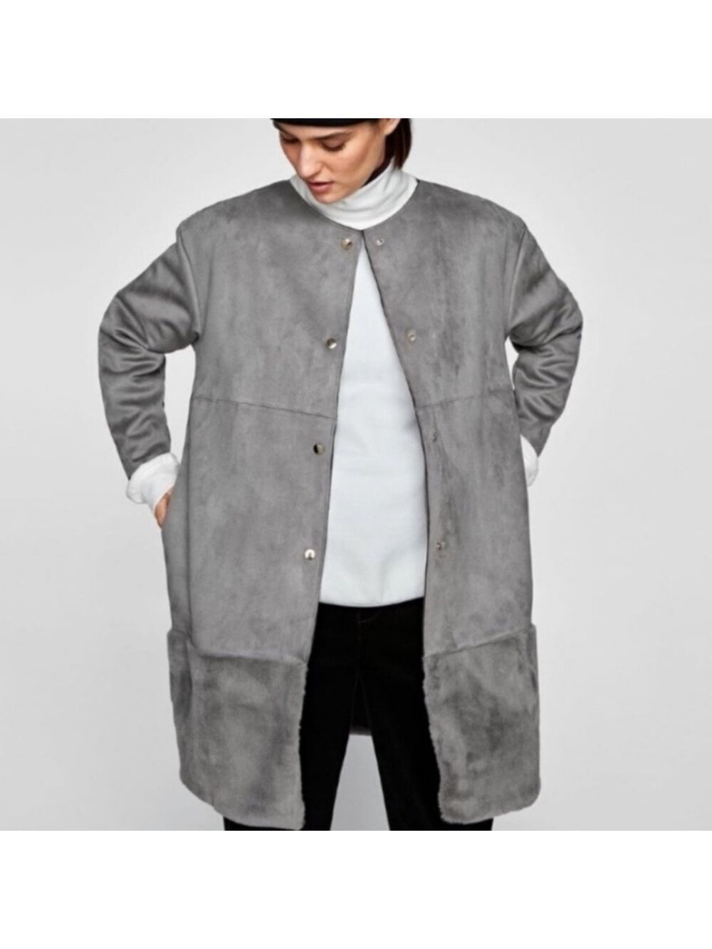 Zara Gray Faux Suede and Fur Coat, Size L